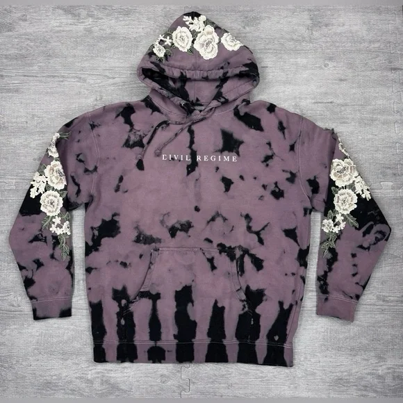 Civil Regime Floral Embroidered Purple and Black Tie-Dye Hoodie - Size M - Picture 1 of 5